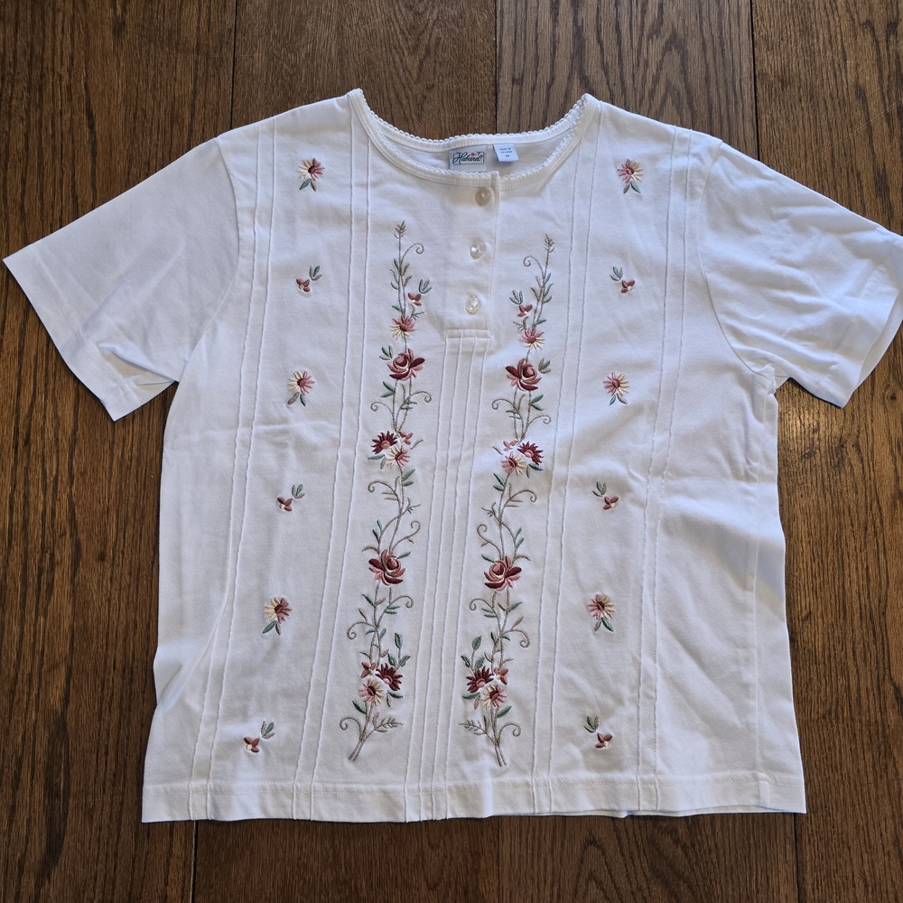 Vintage 90s Cottage Haband Floral Embroidered Button Front Top Medium